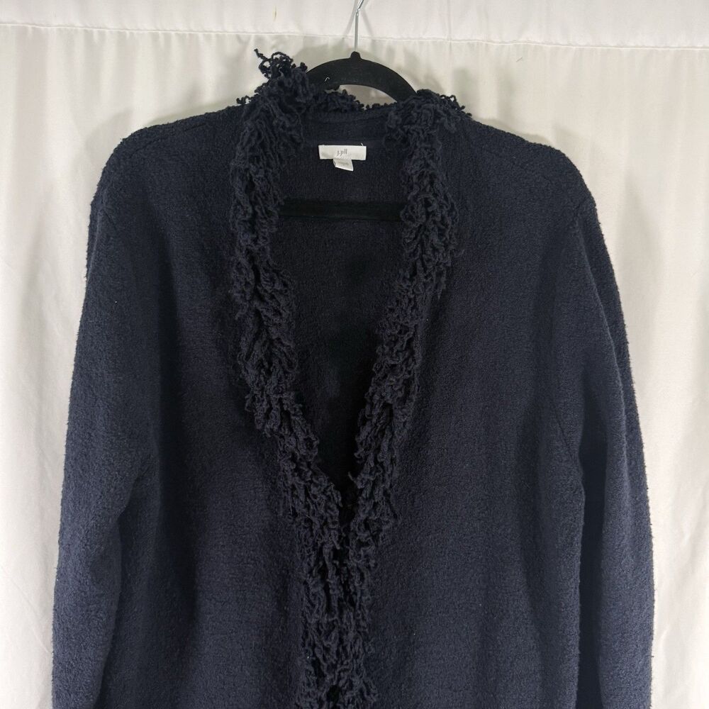 J Jill Cardigan Women's Large Blue Fringe Trim Hook Eye Front Long Sleeve - Picture 2 of 11
